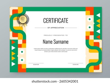 Modern Geometric Certificate Template With Award Badges. Professional certificate template featuring modern geometric design with abstract shapes