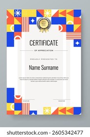 Modern Geometric Certificate Template With Award Badges. Professional certificate template featuring modern geometric design with abstract shapes
