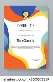 Modern Geometric Certificate Template With Award Badges. Professional certificate template featuring modern geometric design with abstract shapes