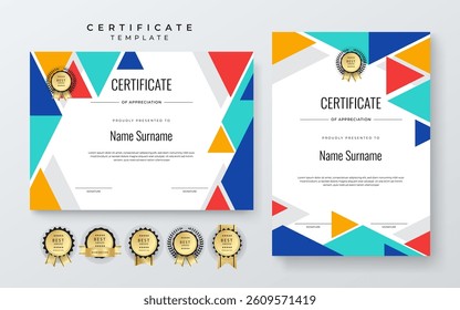 Modern Geometric Certificate Template With Award Badges. Professional certificate template featuring modern geometric design with abstract shapes