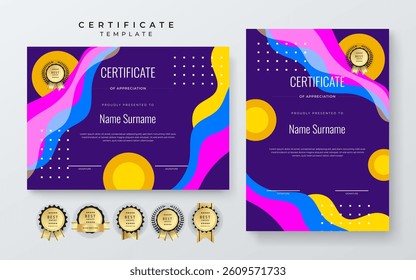 Modern Geometric Certificate Template With Award Badges. Professional certificate template featuring modern geometric design with abstract shapes