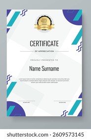 Modern Geometric Certificate Template With Award Badges. Professional certificate template featuring modern geometric design with abstract shapes