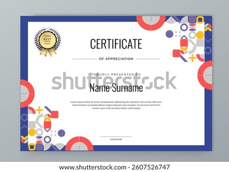 Modern Geometric Certificate Template With Award Badges. Professional certificate template featuring modern geometric design with abstract shapes