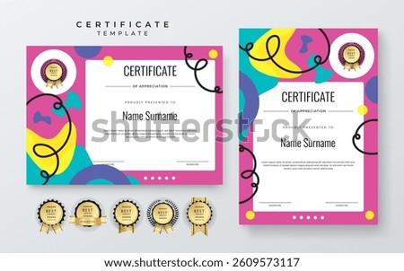Modern Geometric Certificate Template With Award Badges. Professional certificate template featuring modern geometric design with abstract shapes