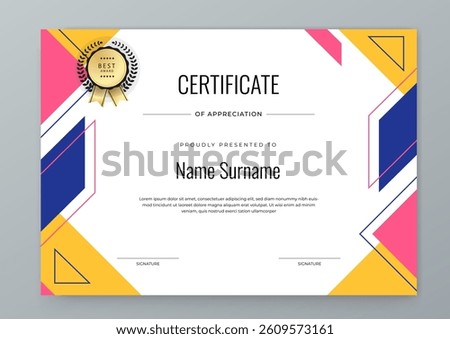 Modern Geometric Certificate Template With Award Badges. Professional certificate template featuring modern geometric design with abstract shapes