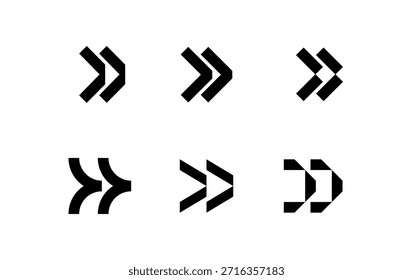 Moderna flecha de chevron geométrica en estilo plano en negrita. Colección de seis flechas dobles que apuntan a la derecha con diferentes Formas y construcciones. Símbolos de navegación mínimos para la interfaz de usuario, Diseño web, App móviles, Botones de avance rápido, infografías, presentaciones y sistemas de orientación. Limpie las flechas del Vector aisladas en el fondo blanco, totalmente editable y fácil de modificar para requisitos particulares.