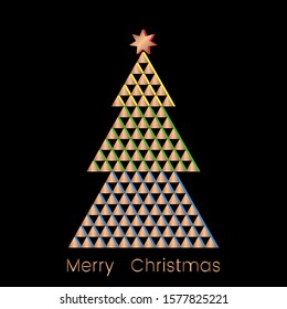 Modern geometric christmas golden tree of triangles with star in polygonal mosaic style. flat vector illustration. Xmas concept