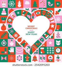 Modern geometric Christmas and Happy New Year greeting banner template. Festive vector background in bauhaus style. Traditional winter holiday symbols in heart shape. Minimal ornate design.