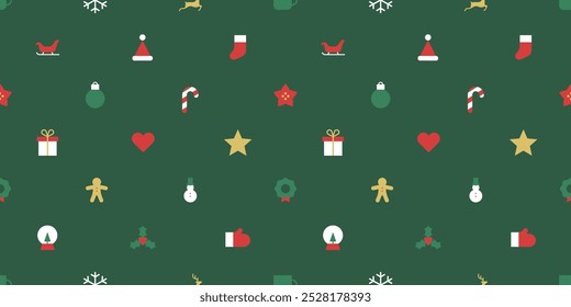 Modern geometric christmas icon seamless pattern. Abstract xmas holiday symbol background with traditional winter decoration. Festive party invitation texture, minimalist december event print.