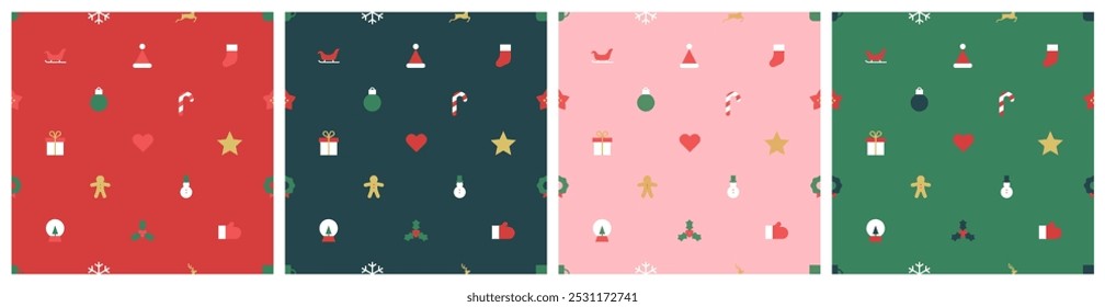 Moderne geometrische Weihnachts-Ikone nahtlose Muster-Set. Abstrakter Weihnachtssymbolhintergrund mit traditioneller Winterdekoration. Festliche Party Einladung Textur, Dezember Veranstaltung Drucksammlung.