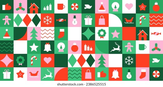 Modern geometric christmas mosaic seamless pattern. Abstract xmas holiday icon background with traditional winter decoration. Festive party invitation texture, minimalist december event print.