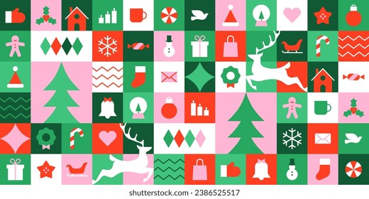 Patrón de mosaico geométrico moderno de navidad sin fisuras. Resumen del fondo del icono de navidad navideña con decoración tradicional de invierno. Textura de invitación festiva de fiesta, impresión de evento minimalista de diciembre.