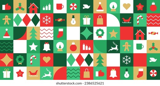 Modern geometric christmas mosaic seamless pattern. Abstract xmas holiday icon background with traditional winter decoration. Festive party invitation texture, minimalist december event print.