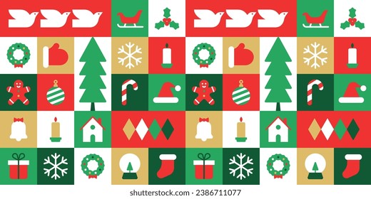 Modern geometric christmas mosaic seamless pattern. Abstract xmas holiday icon background with traditional winter decoration. Festive party invitation texture, minimalist december event print.