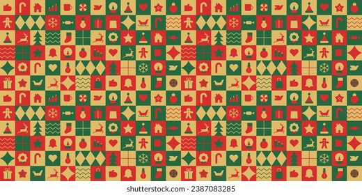 Modern geometric christmas mosaic seamless pattern. Abstract xmas holiday icon background with traditional winter decoration. Festive party invitation texture, minimalist december event print.