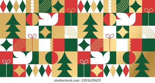 Modern geometric christmas mosaic seamless pattern. Abstract xmas holiday icon background with traditional winter decoration. Festive party invitation texture, minimalist december event print.