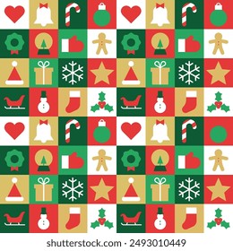 Modern geometric christmas mosaic seamless pattern. Abstract xmas holiday icon background with traditional winter decoration. Festive party invitation texture, minimalist december event print.