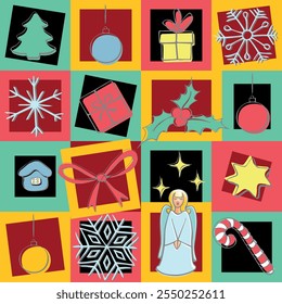 Modern geometric christmas mosaic seamless pattern. Abstract xmas holiday icon background with traditional winter decoration. Festive bright minimalist december event print