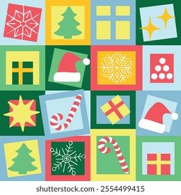 Modern geometric christmas mosaic seamless pattern. Abstract xmas holiday icon background with traditional winter decoration. Festive bright minimalist december event print