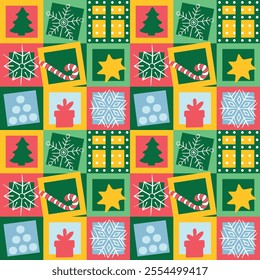 Modern geometric christmas mosaic seamless pattern. Abstract xmas holiday icon background with traditional winter decoration. Festive bright minimalist december event print