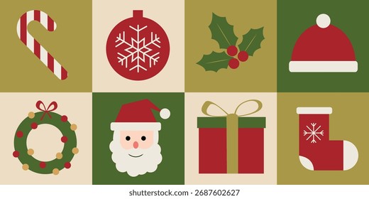 Patrón de Navidades geométricas modernas con iconos festivos como árboles, estrellas, copos de nieve y regalos. Perfecto para fondos de vacaciones, textiles y diseños de temporada.