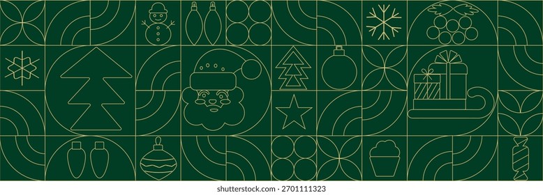 Patrón de Navidades geométricas modernas con adornos y copos de nieve. Elementos de Navidades de arte de línea festiva. Navidades minimalistas Colección de iconos de Festiva
