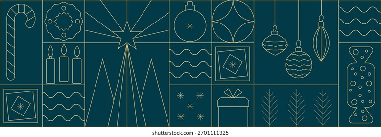 Modern Geometric Christmas Pattern with Ornaments and Snowflakes. Festive Line Art Christmas Elements. Minimalist Christmas Holiday Icons Collection