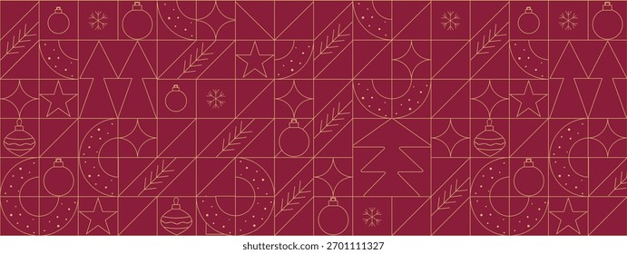 Padrão de Natal geométrico moderno com ornamentos e flocos de neve. Elementos de Natal da arte da linha festiva. Coleção de ícones minimalistas de Natal