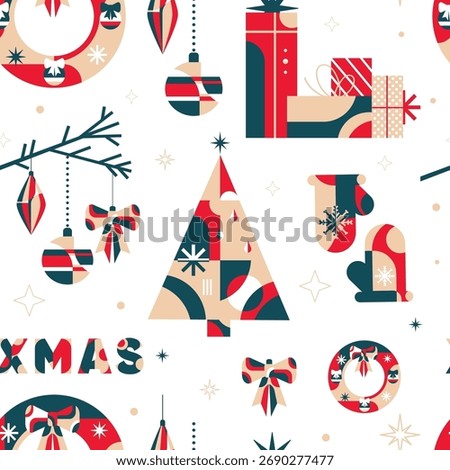 Modern Geometric Christmas Pattern. Seamless geometric Christmas pattern with tree, gifts, bows, and mittens in flat style for web design, holiday cards, packaging, textiles, digital projects. Vector 