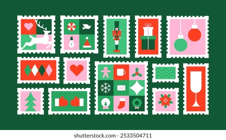 Modern geometric christmas post card stamp set. Abstract xmas holiday postage sticker with traditional winter icon decoration. Festive party invitation collection, minimalist december event bundle.