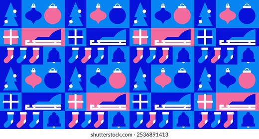 Modern geometric Christmas seamless pattern. Xmas pink and blue mosaic background. Sleigh, gift box, Christmas tree, bell. Vector abstract geometric illustration for wrapping paper, cover, printC