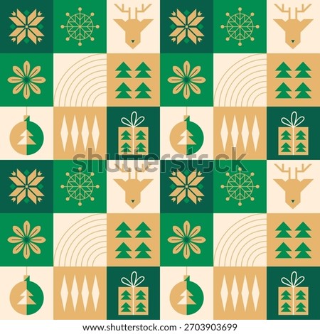 Modern geometric Christmas seamless pattern with bold green and gold icons, holiday elements. Perfect for cards, posters, packaging, and festive graphic designs.