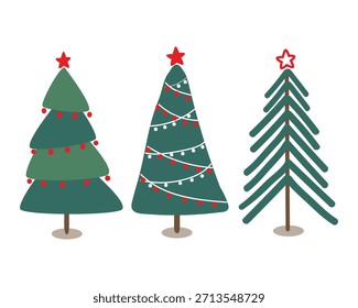 Modern Geometric Christmas Tree Set. Abstract Stylized Green Pines with Triangles and Lines. Minimalist Flat Vector for Contemporary Holiday Design.