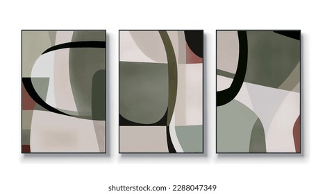 Modern geometric colorful color block composition art pattern, abstract vector art triptych.