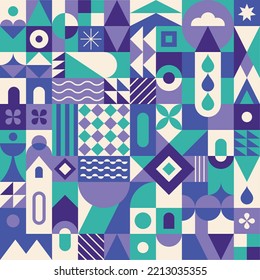 Modern, geometric and colorful pattern. Vector, abstract and modernist composition. Stylization of a blue and purple city with checkerboard games.