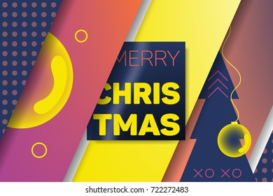 Modern, geometric, colorful, retro (pop) Merry Christmas card. Colorful diagonal paper lines with shadow, Christmas tree with bright yellow balls, circles, arrows and dots background