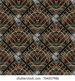 Modern geometric colorful seamless pattern. Bright vector abstract background. Geometry shapes, figures, radial circles, rhombus, dots,  line art tracery trendy ornaments. Beautiful multicolor design.