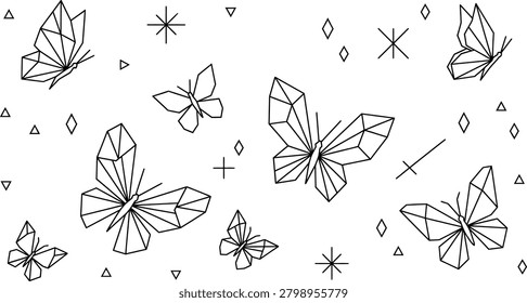 Modern geometric coloring page with flying origami butterflies, shiny stars and sparkles. Abstract outline pattern for relaxing adult therapy books, modern crafts and Cricut vinyl decals.
