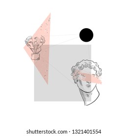 Modern geometric composition. Linear drawing of bust of David's head. Shattered statue. In the head of man female figure. Geometric shapes - lines, circle, triangle, square. 