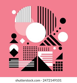 Moderne geometrische Komposition auf Pink, modernes abstraktes Design mit geometrischen Formen in pink, weiß und schwarz, ideal für zeitgenössische Grafikprojekte