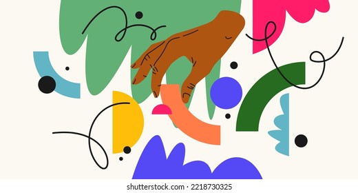 Modern geometric composition of various shapes. Illustration for design. A persons hand holds a geometric figure.