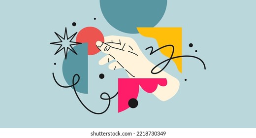 Modern geometric composition of various shapes. Illustration for design. A persons hand holds a geometric figure.