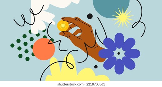 Composición geométrica moderna de varias formas. Ilustración para el diseño. Una mano de persona sostiene una figura geométrica.