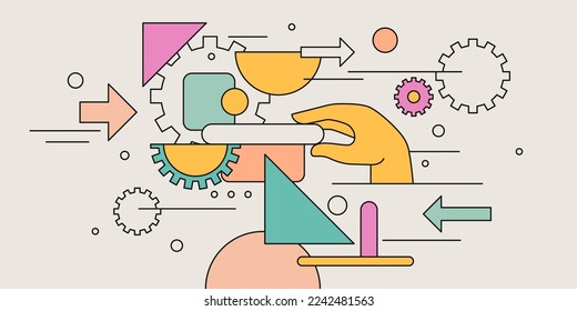 Modern geometric composition of various shapes. Illustration for design. A persons hand holds a geometric figure.
