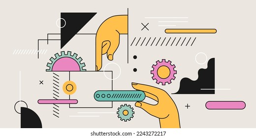 Composición geométrica moderna de varias formas. Ilustración para el diseño. Una mano de persona sostiene una figura geométrica.