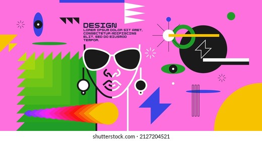 Modern geometric composition of various shapes.Background in the trend chart. Portrait of a young girl.