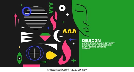 Modern geometric composition of various shapes.Background in the trend chart. Portrait of a young girl.