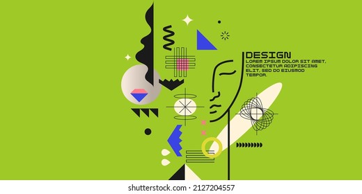 Composición geométrica moderna de varias formas.Fondo en el gráfico de tendencias. Retrato de una joven.