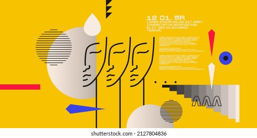 Composición geométrica moderna de varias formas.Fondo en el gráfico de tendencias. Retrato de una joven.