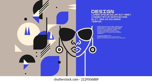 Modern geometric composition of various shapes.Background in the trend chart. Portrait of a young girl.